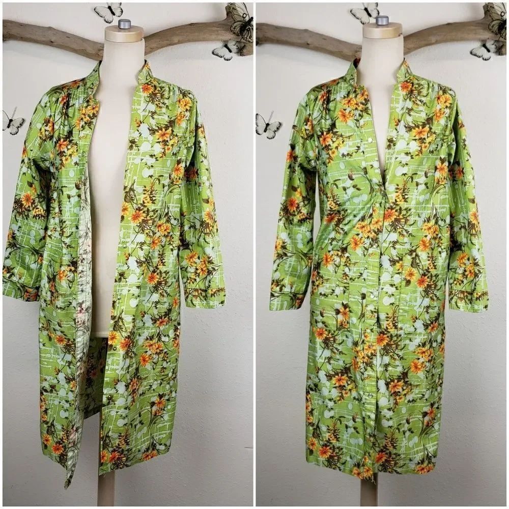 Vintage green floral shirt dress coat pearl snap